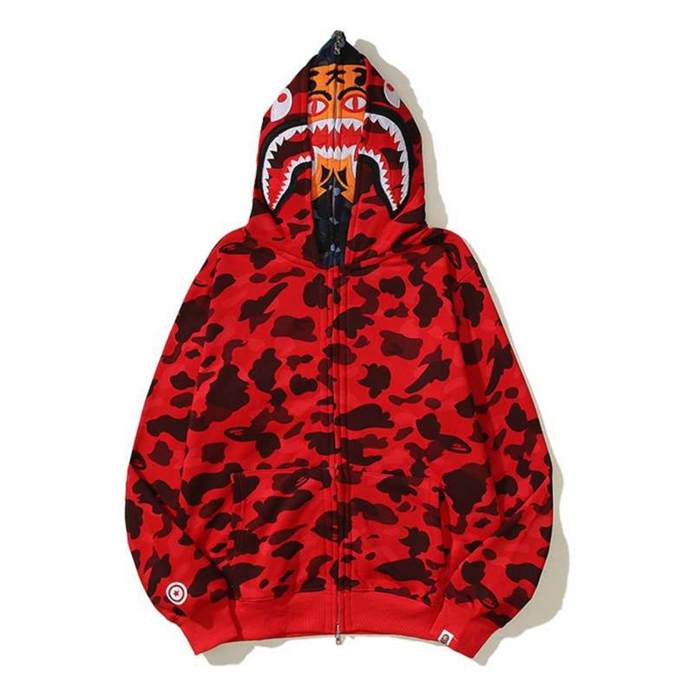 BAPE X Miluo Shark Red double hooded thick zip hoodie